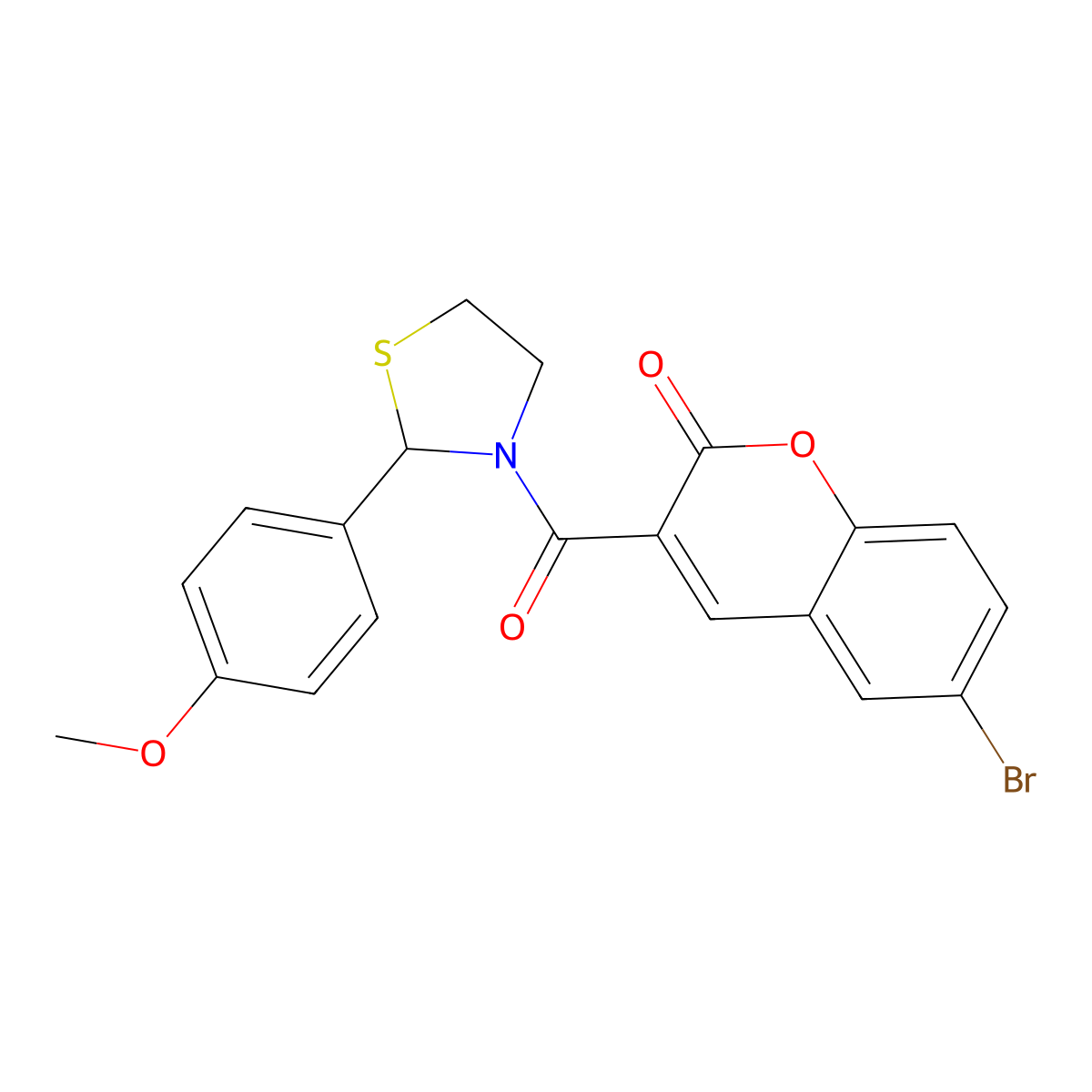 6-Bromo-3-[2-(4-methoxy-phenyl)-thiazolidine-3-carbonyl]-chromen-2-one molecular structure, CAS 294874-58-1