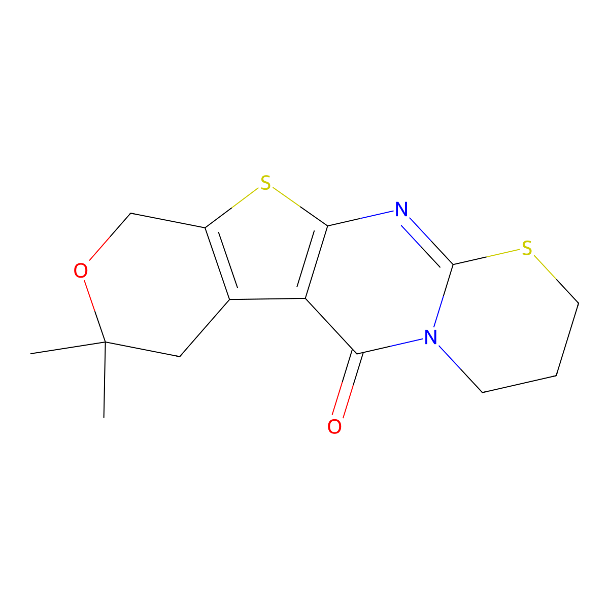 8,8-Dimethyl-3,4,7,10-tetrahydro-2H,6H,8H-pyrano[4'',3'':4',5']thieno[2',3':4,5]pyrimido[2,1-b][1,3]thiazin-6-one molecular structure, CAS 294874-92-3
