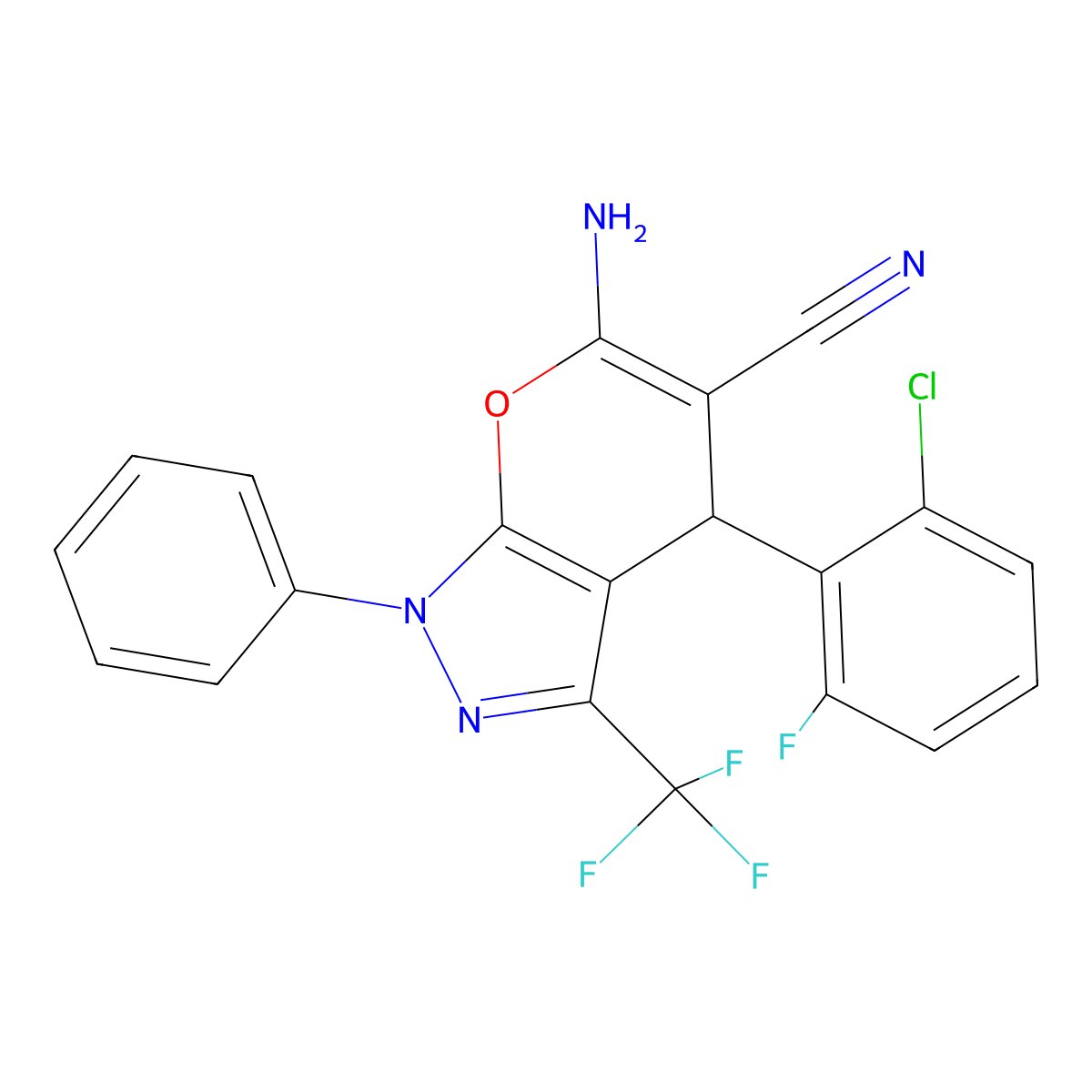 6-amino-4-(2-chloro-6-fluorophenyl)-1-phenyl-3-(trifluoromethyl)-4H-pyrano[2,3-c]pyrazole-5-carbonitrile molecular structure, CAS 294878-10-7