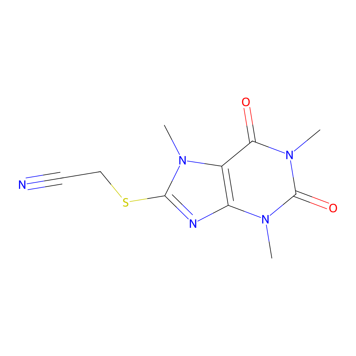 2-(1,3,7-Trimethyl-2,6-dioxopurin-8-yl)sulfanylacetonitrile molecular structure, CAS 294889-44-4