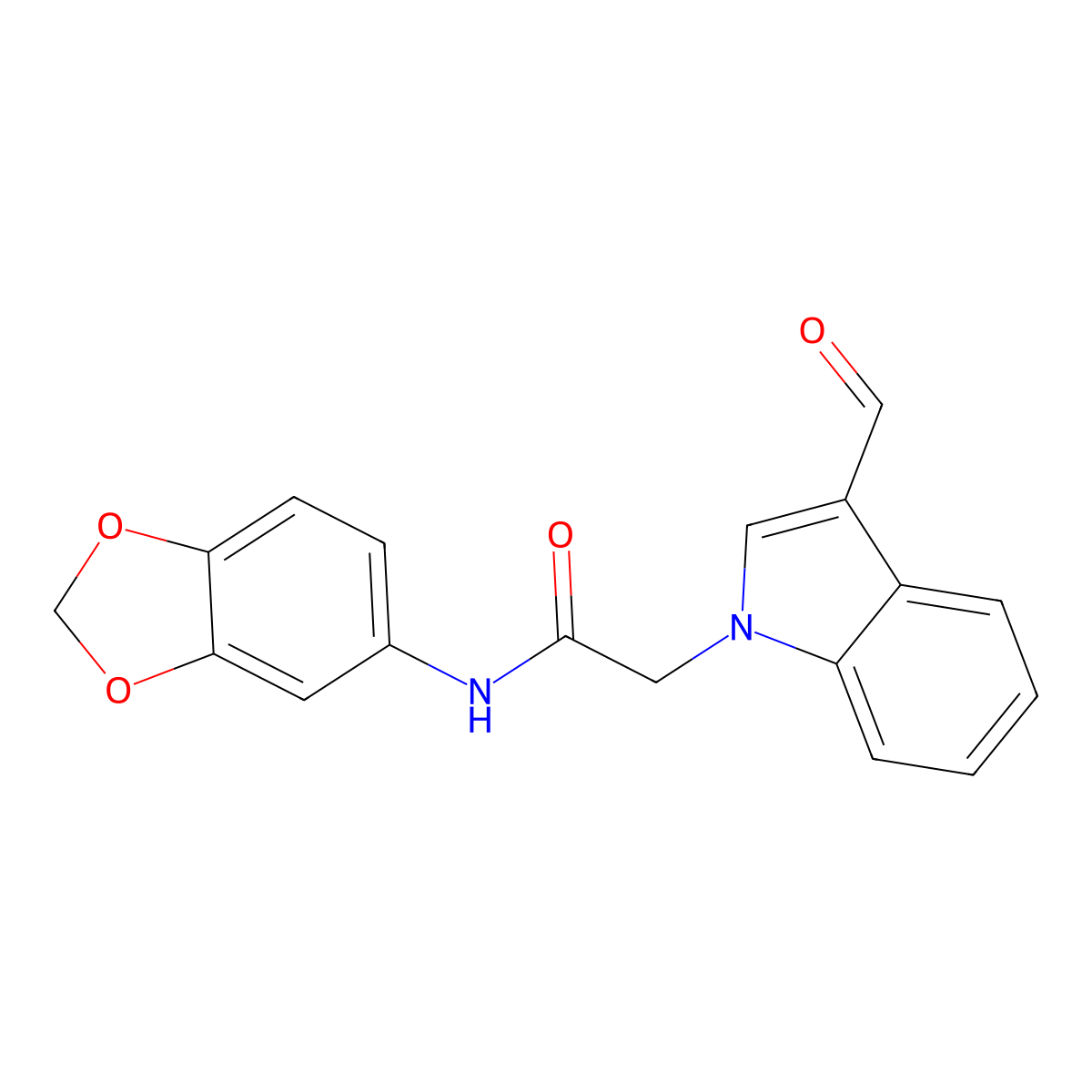 N-Benzo(1,3)dioxol-5-yl-2-(3-formyl-indol-1-yl)-acetamide molecular structure, CAS 294889-52-4