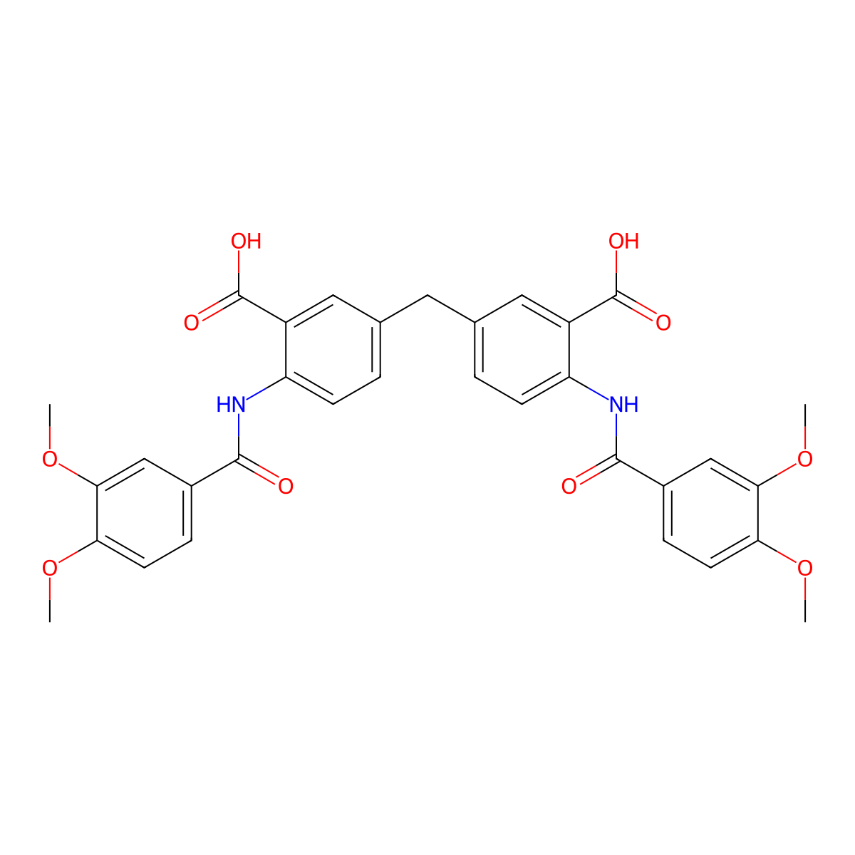 5-{[3-Carboxy-4-(3,4-dimethoxybenzamido)phenyl]methyl}-2-(3,4-dimethoxybenzamido)benzoic acid molecular structure, CAS 294890-55-4