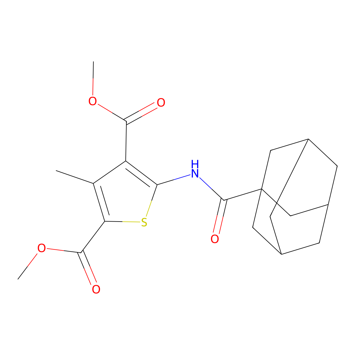 Dimethyl 5-[(1-adamantylcarbonyl)amino]-3-methyl-2,4-thiophenedicarboxylate molecular structure, CAS 294894-25-0