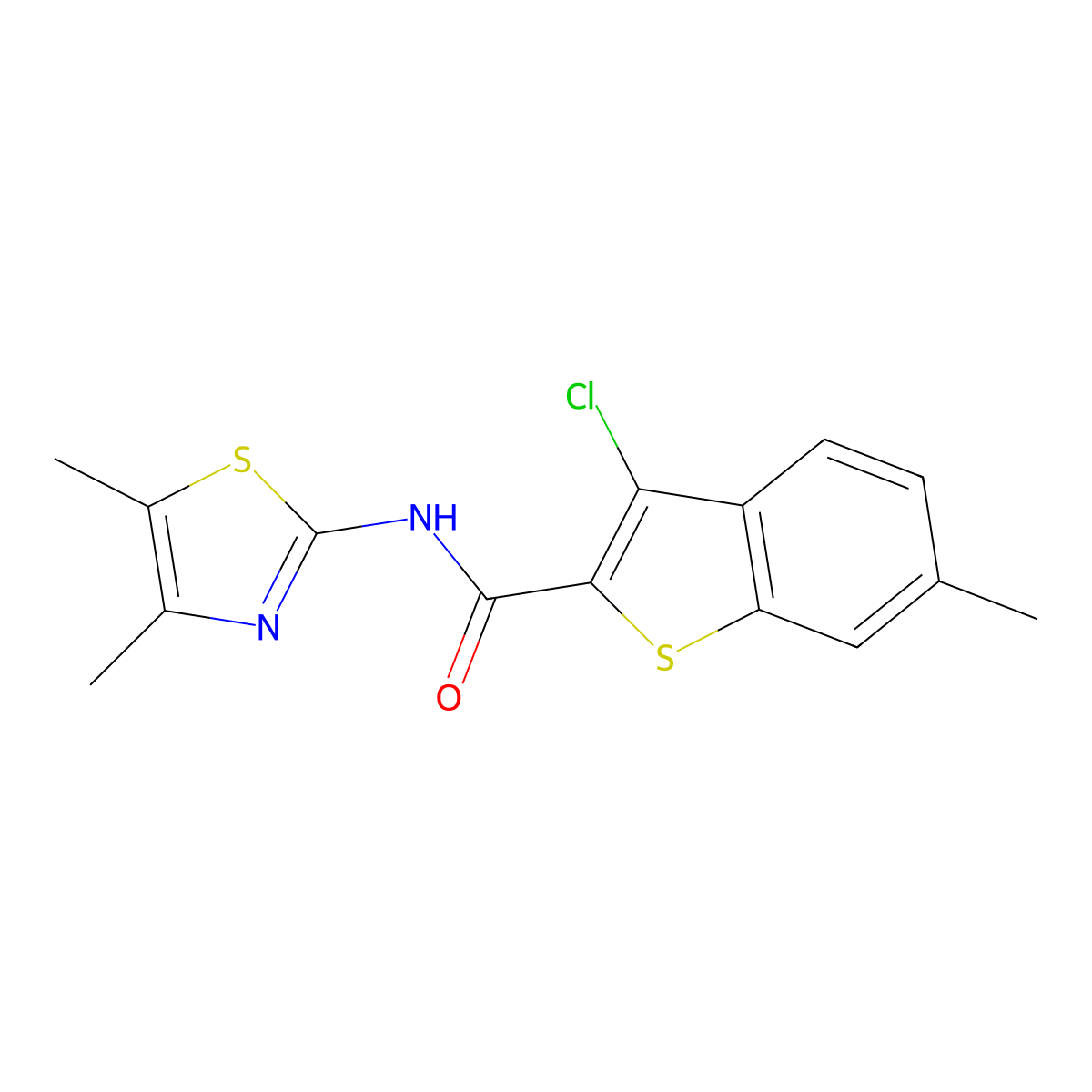 3-chloro-N-(4,5-dimethyl-1,3-thiazol-2-yl)-6-methyl-1-benzothiophene-2-carboxamide molecular structure, CAS 294894-35-2