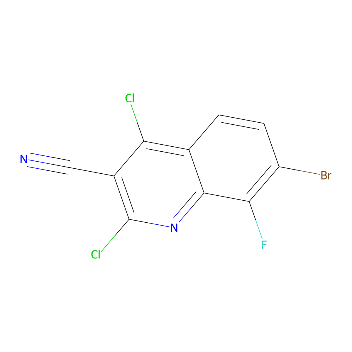 7-Bromo-2,4-dichloro-8-fluoroquinoline-3-carbonitrile molecular structure, CAS 2950122-02-6