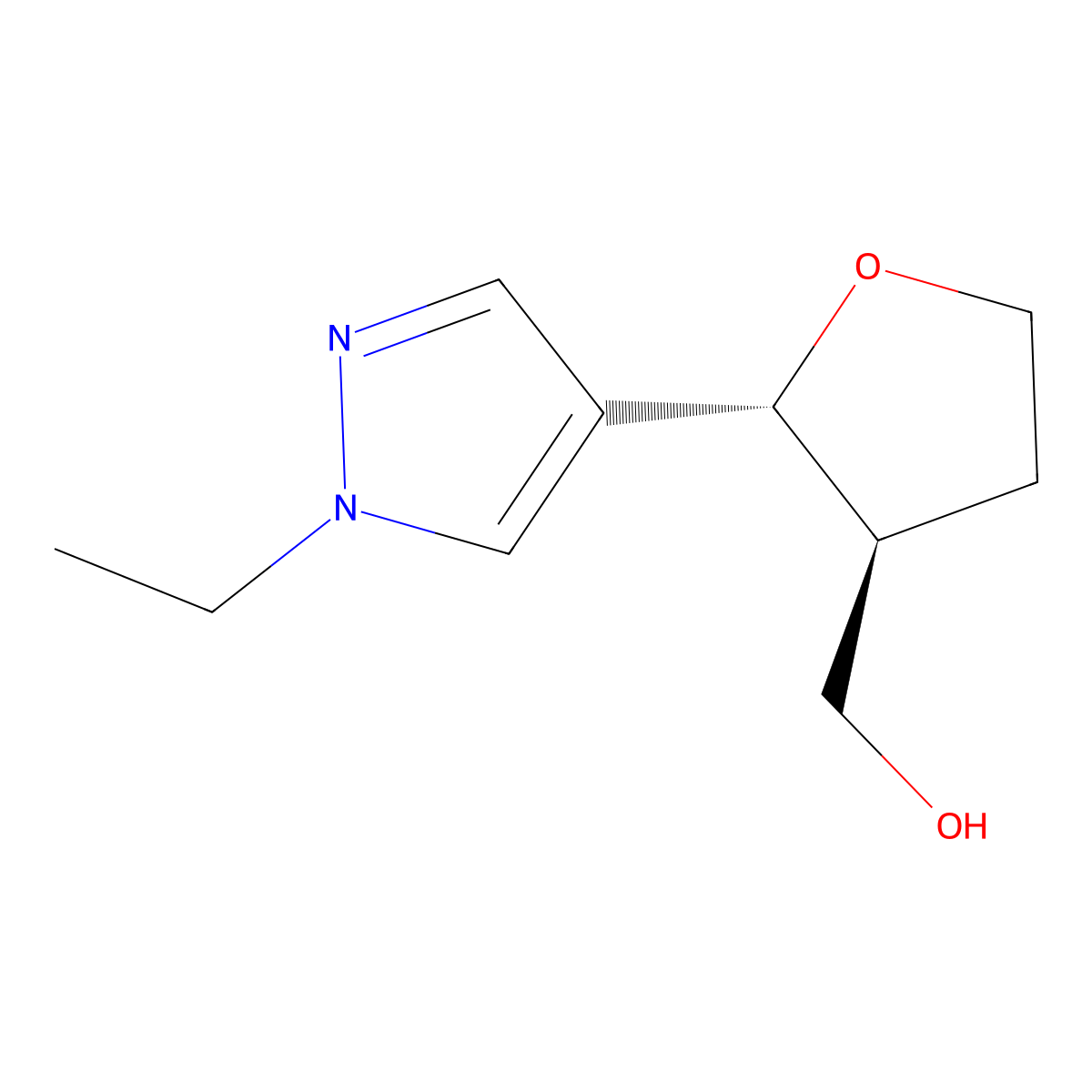 rac-[(2R,3S)-2-(1-ethyl-1H-pyrazol-4-yl)oxolan-3-yl]methanol molecular structure, CAS 2952824-40-5