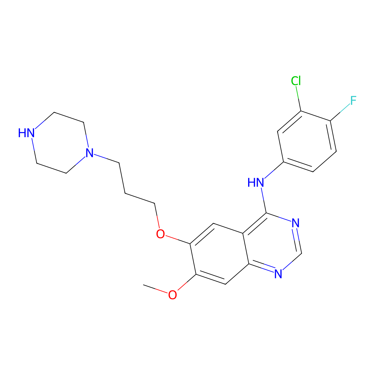 N-(3-Chloro-4-fluorophenyl)-7-methoxy-6-(3-(piperazin-1-yl)propoxy)quinazolin-4-amine molecular structure, CAS 295330-45-9