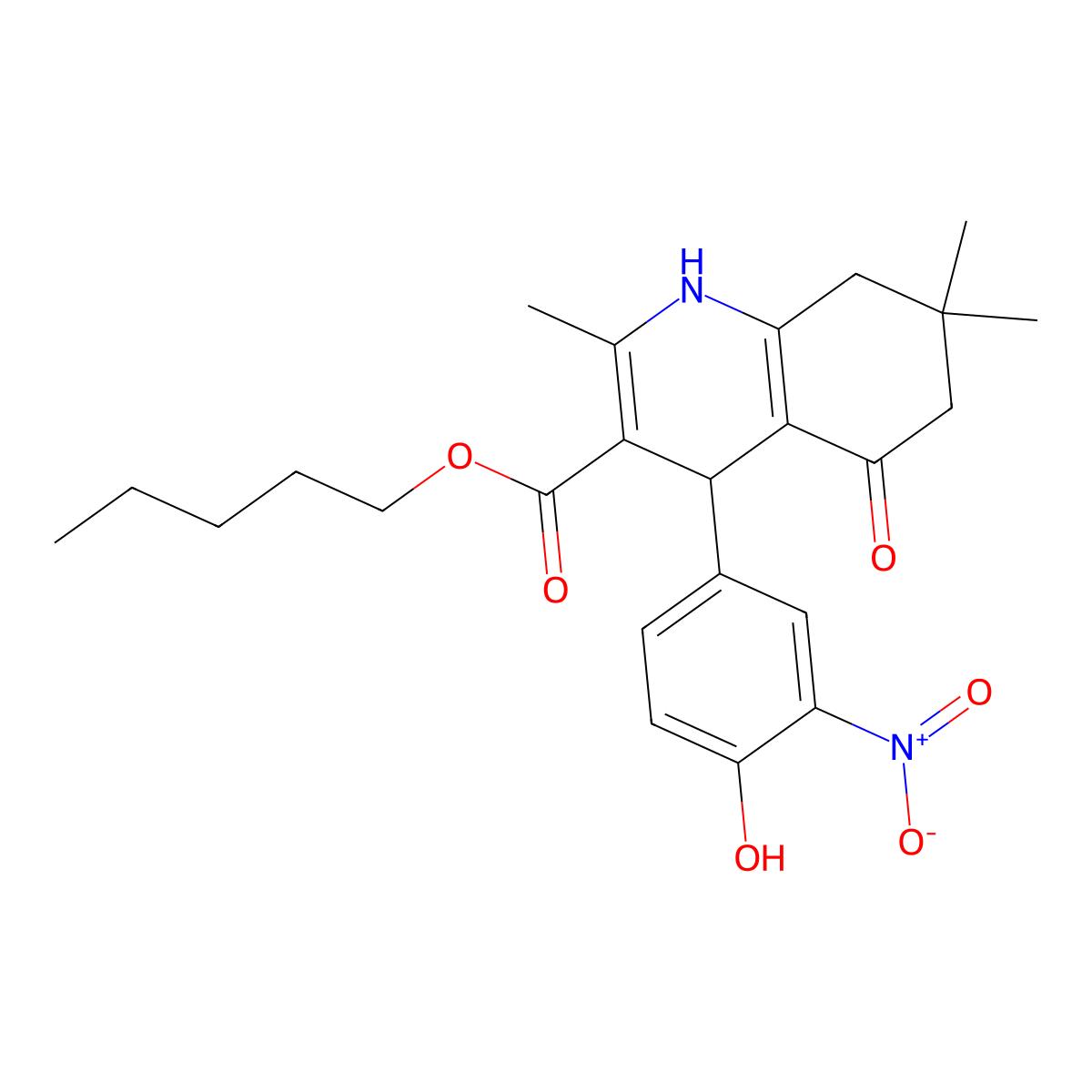 Pentyl 4-(4-hydroxy-3-nitrophenyl)-2,7,7-trimethyl-5-oxo-1,4,5,6,7,8-hexahydroquinoline-3-carboxylate molecular structure, CAS 295343-85-0