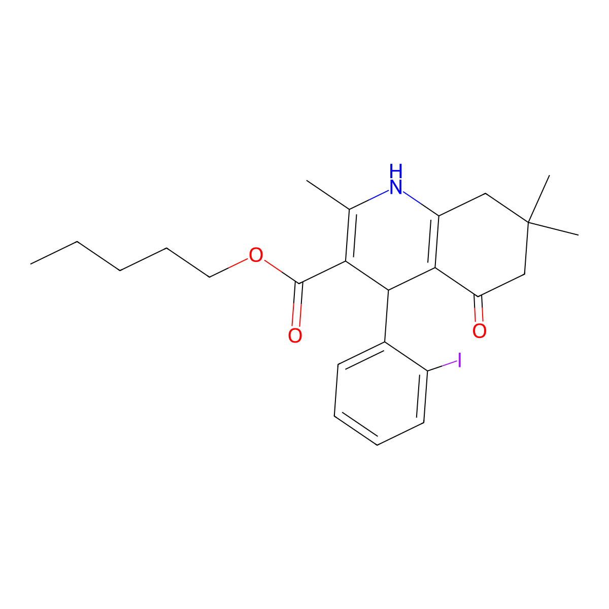 Pentyl 4-(2-iodophenyl)-2,7,7-trimethyl-5-oxo-1,4,5,6,7,8-hexahydroquinoline-3-carboxylate molecular structure, CAS 295344-22-8