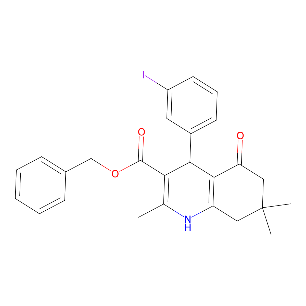 Benzyl 4-(3-iodophenyl)-2,7,7-trimethyl-5-oxo-1,4,5,6,7,8-hexahydroquinoline-3-carboxylate molecular structure, CAS 295344-26-2