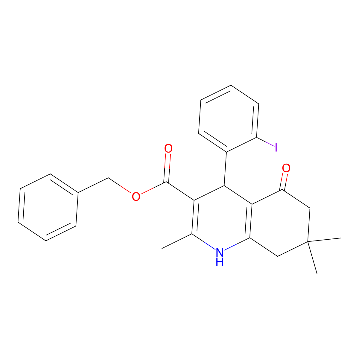 Benzyl 4-(2-iodophenyl)-2,7,7-trimethyl-5-oxo-1,4,5,6,7,8-hexahydroquinoline-3-carboxylate molecular structure, CAS 295344-64-8