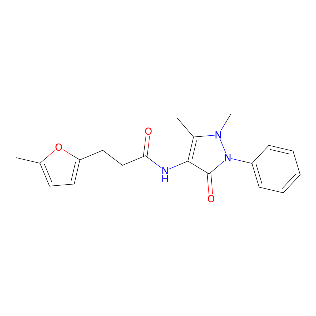 N-(1,5-dimethyl-3-oxo-2-phenyl-2,3-dihydro-1H-pyrazol-4-yl)-3-(5-methylfuran-2-yl)propanamide molecular structure, CAS 295345-12-9