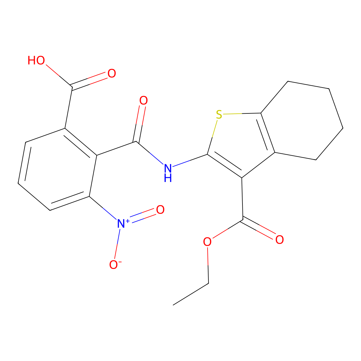 2-{[3-(Ethoxycarbonyl)-4,5,6,7-tetrahydro-1-benzothiophen-2-yl]carbamoyl}-3-nitrobenzoic acid molecular structure, CAS 295347-57-8