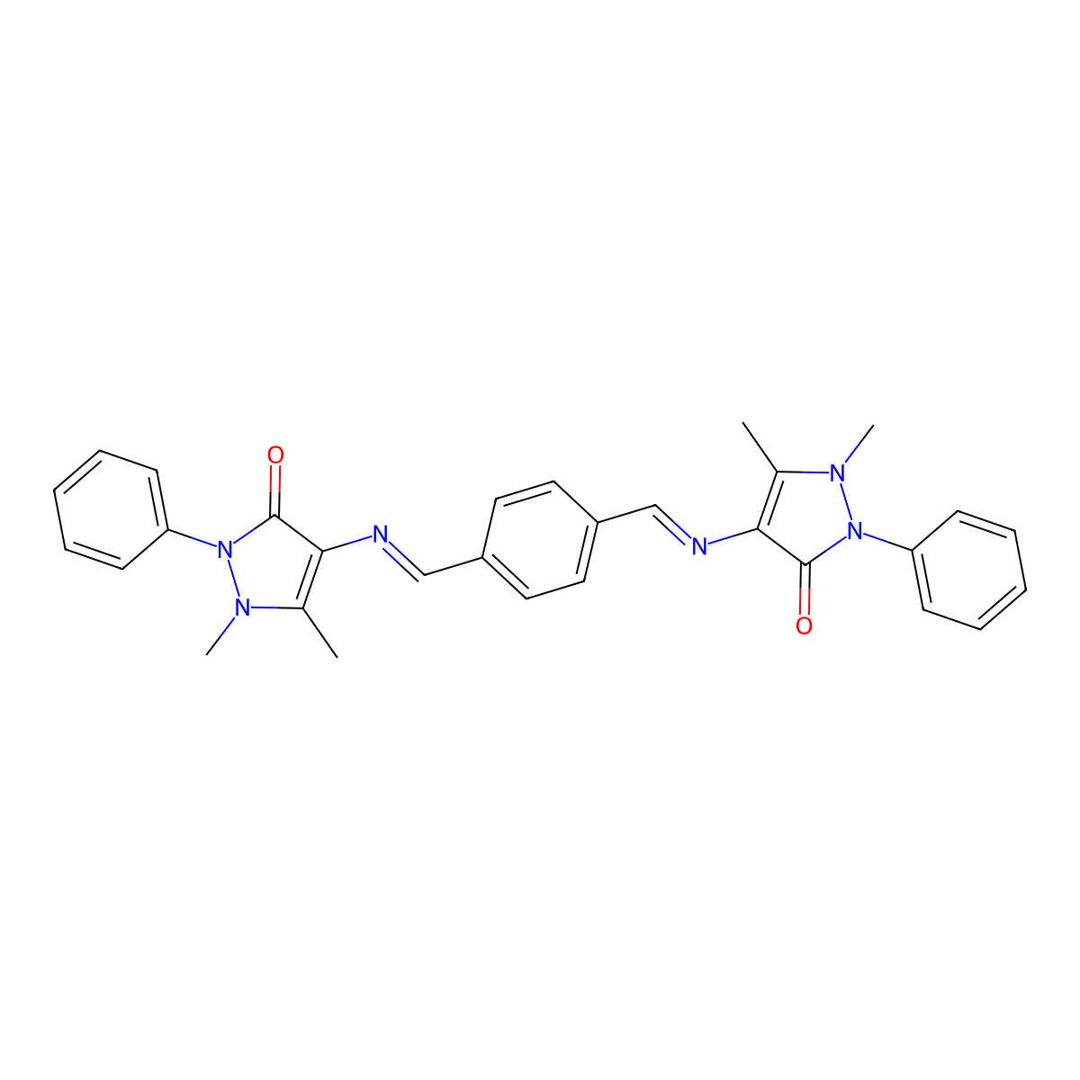 4-{[(4-{[(1,5-dimethyl-3-oxo-2-phenyl-2,3-dihydro-1H-pyrazol-4-yl)imino]methyl}phenyl)methylidene]amino}-1,5-dimethyl-2-phenyl-2,3-dihydro-1H-pyrazol-3-one molecular structure, CAS 295361-44-3