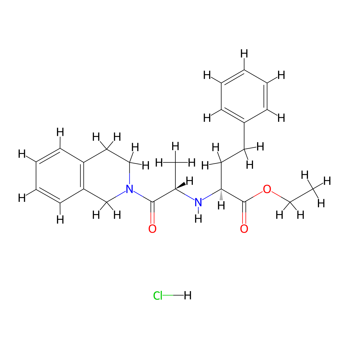 ethyl (2S)-2-{[(2S)-1-oxo-1-(1,2,3,4-tetrahydroisoquinolin-2-yl)propan-2-yl]amino}-4-phenylbutanoate hydrochloride molecular structure, CAS 2955636-31-2