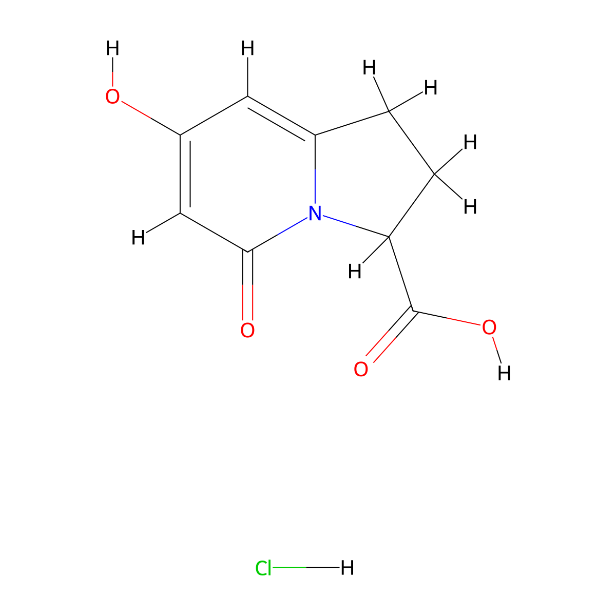 7-Hydroxy-5-oxo-1,2,3,5-tetrahydroindolizine-3-carboxylic acid hydrochloride molecular structure, CAS 2955708-18-4
