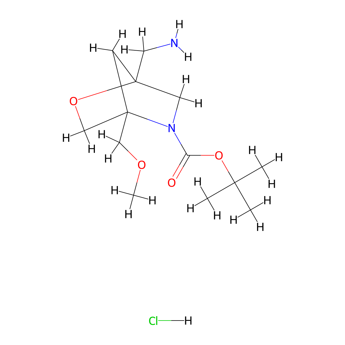Tert-butyl 1-(aminomethyl)-4-(methoxymethyl)-2-oxa-5-azabicyclo[2.2.1]heptane-5-carboxylate hydrochloride molecular structure, CAS 2955709-29-0