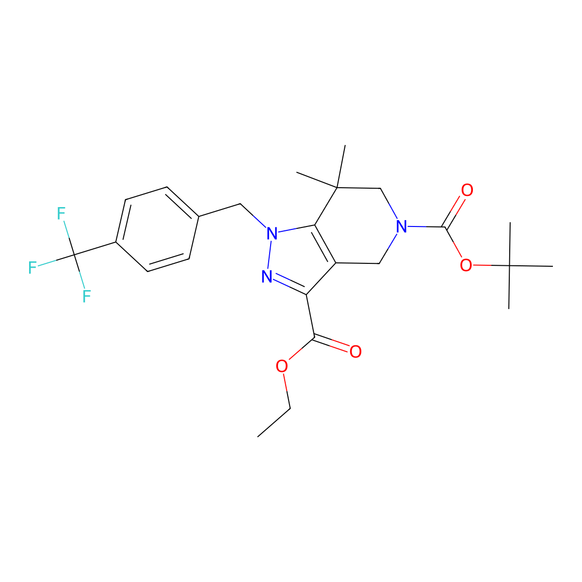 2-Methylpropan-2-yl 3-(ethoxycarbonyl)-7,7-dimethyl-1-{[4-(trifluoromethyl)phenyl]methyl}-4,5,6,7-tetrahydropyrazolo[4,3-c]pyridine-5-carboxylate molecular structure, CAS 2957910-52-8