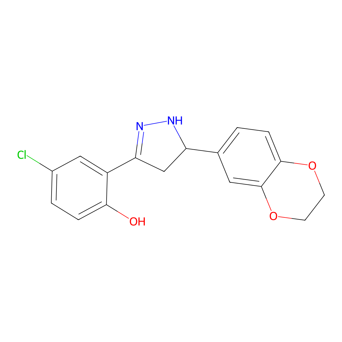 4-chloro-2-[5-(2,3-dihydro-1,4-benzodioxin-6-yl)-4,5-dihydro-1H-pyrazol-3-yl]phenol molecular structure, CAS 295803-38-2