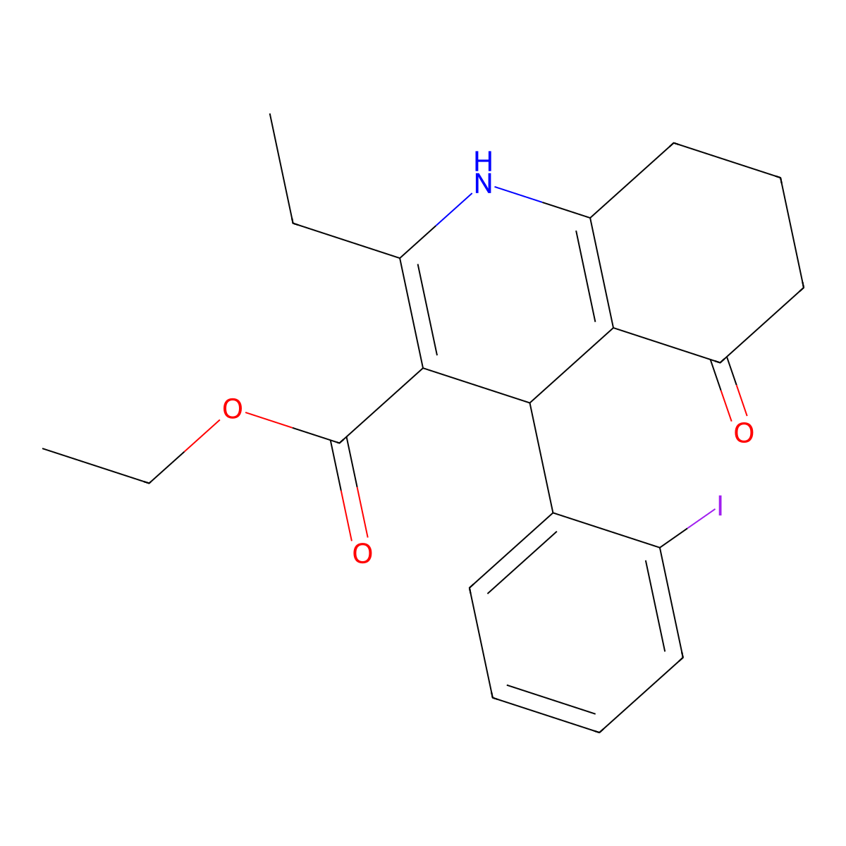 Ethyl 2-ethyl-4-(2-iodophenyl)-5-oxo-1,4,5,6,7,8-hexahydroquinoline-3-carboxylate molecular structure, CAS 295807-33-9