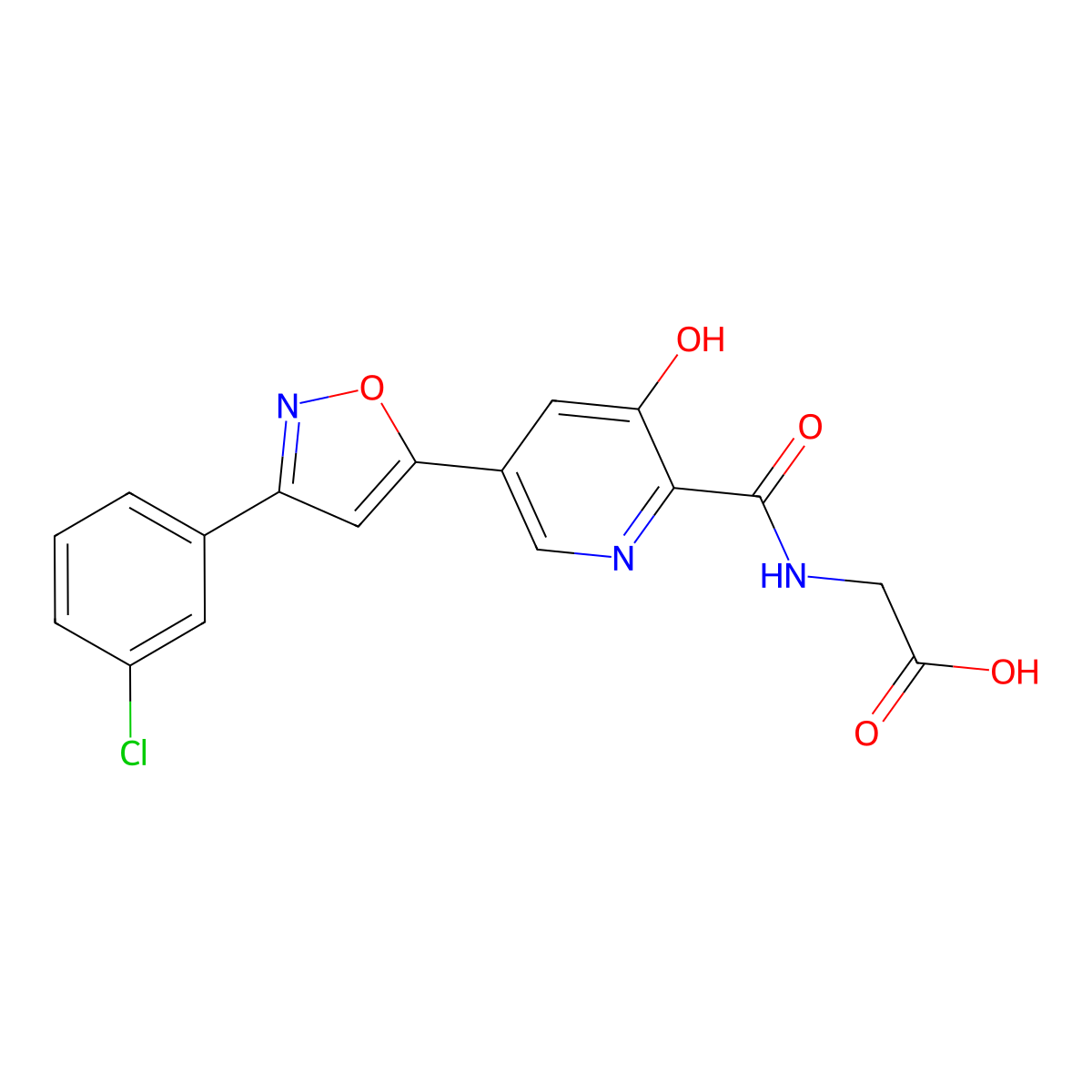2-[[5-[3-(3-Chlorophenyl)-1,2-oxazol-5-yl]-3-oxidanyl-pyridin-2-yl]carbonylamino]ethanoic acid molecular structure, CAS 2962103-40-6