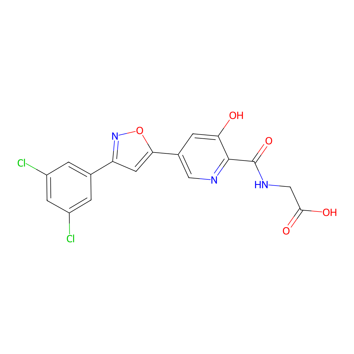 3-Hydroxy-5-(3-m-dichlorophenylisoxazol-5-yl)picolinoyl glycine molecular structure, CAS 2962103-54-2