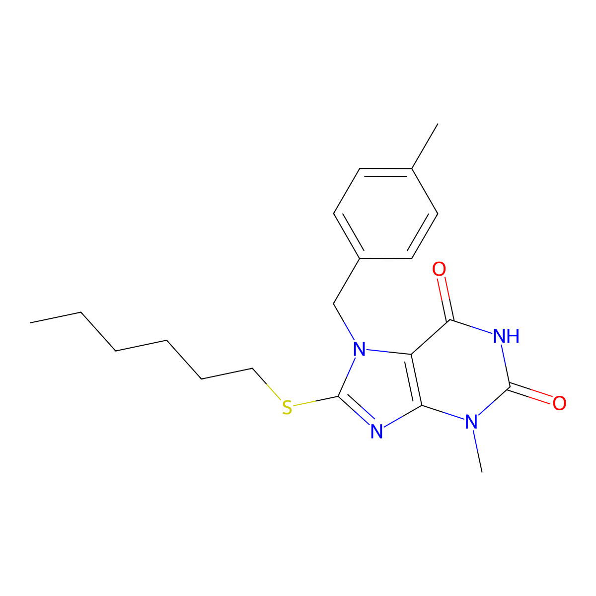 8-(hexylsulfanyl)-3-methyl-7-(4-methylbenzyl)-3,7-dihydro-1H-purine-2,6-dione molecular structure, CAS 296244-41-2