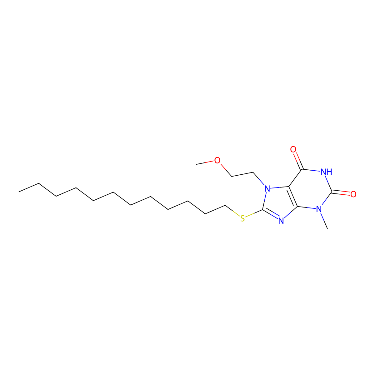8-(dodecylsulfanyl)-7-(2-methoxyethyl)-3-methyl-2,3,6,7-tetrahydro-1H-purine-2,6-dione molecular structure, CAS 296244-46-7
