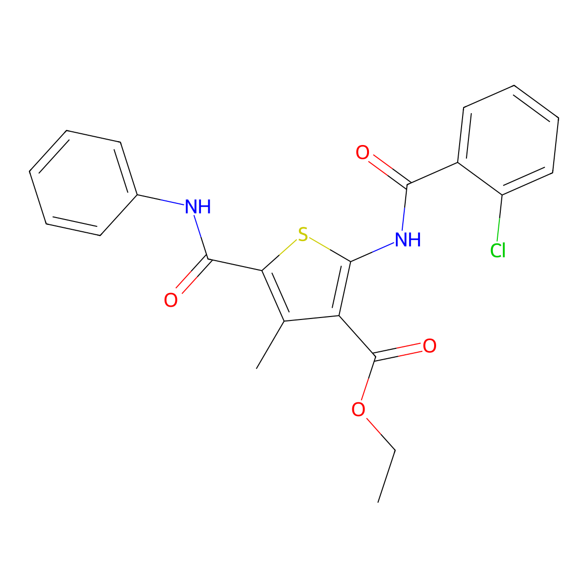 Ethyl 2-{[(2-chlorophenyl)carbonyl]amino}-4-methyl-5-(phenylcarbamoyl)thiophene-3-carboxylate molecular structure, CAS 296244-50-3
