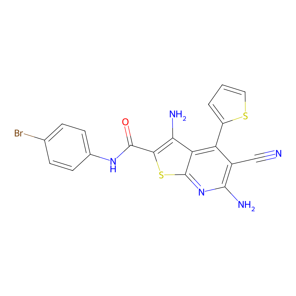3,6-diamino-N-(4-bromophenyl)-5-cyano-4-(thiophen-2-yl)thieno[2,3-b]pyridine-2-carboxamide molecular structure, CAS 296244-72-9