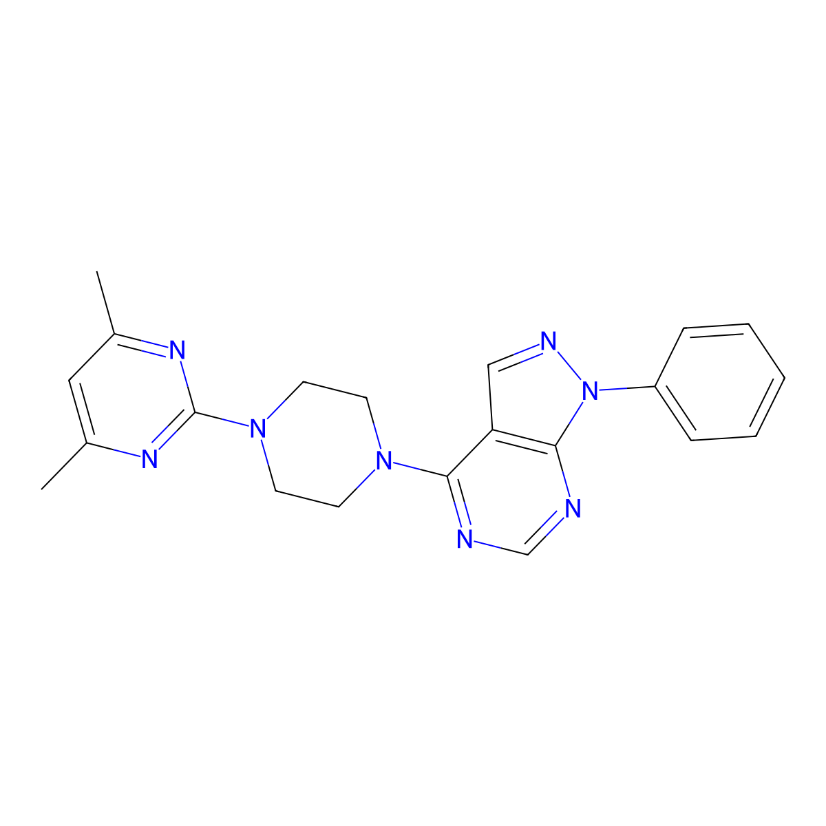 4-[4-(4,6-Dimethylpyrimidin-2-yl)piperazin-1-yl]-1-phenylpyrazolo[3,4-d]pyrimidine molecular structure, CAS 296245-26-6