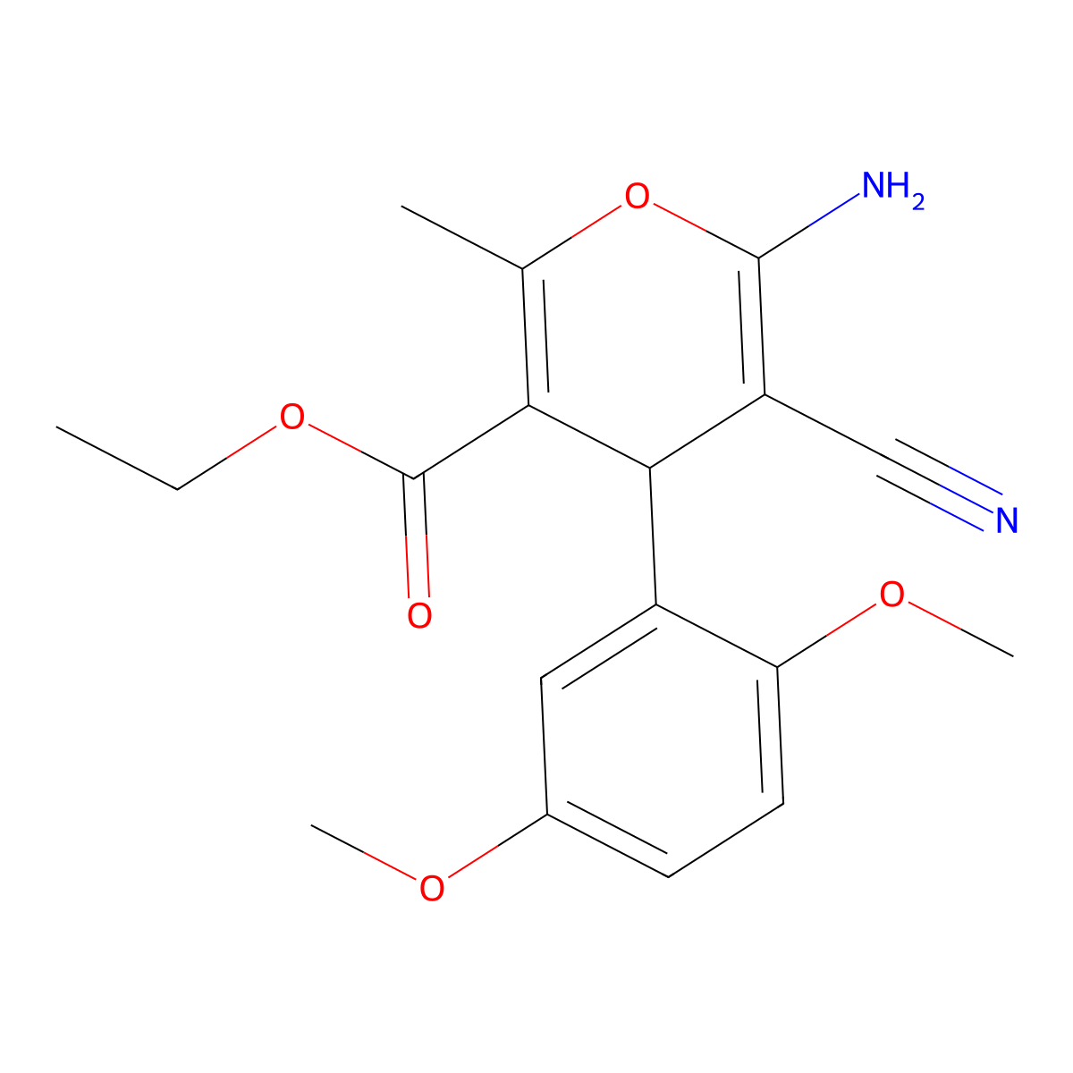 ethyl 6-amino-5-cyano-4-(2,5-dimethoxyphenyl)-2-methyl-4H-pyran-3-carboxylate molecular structure, CAS 296246-40-7