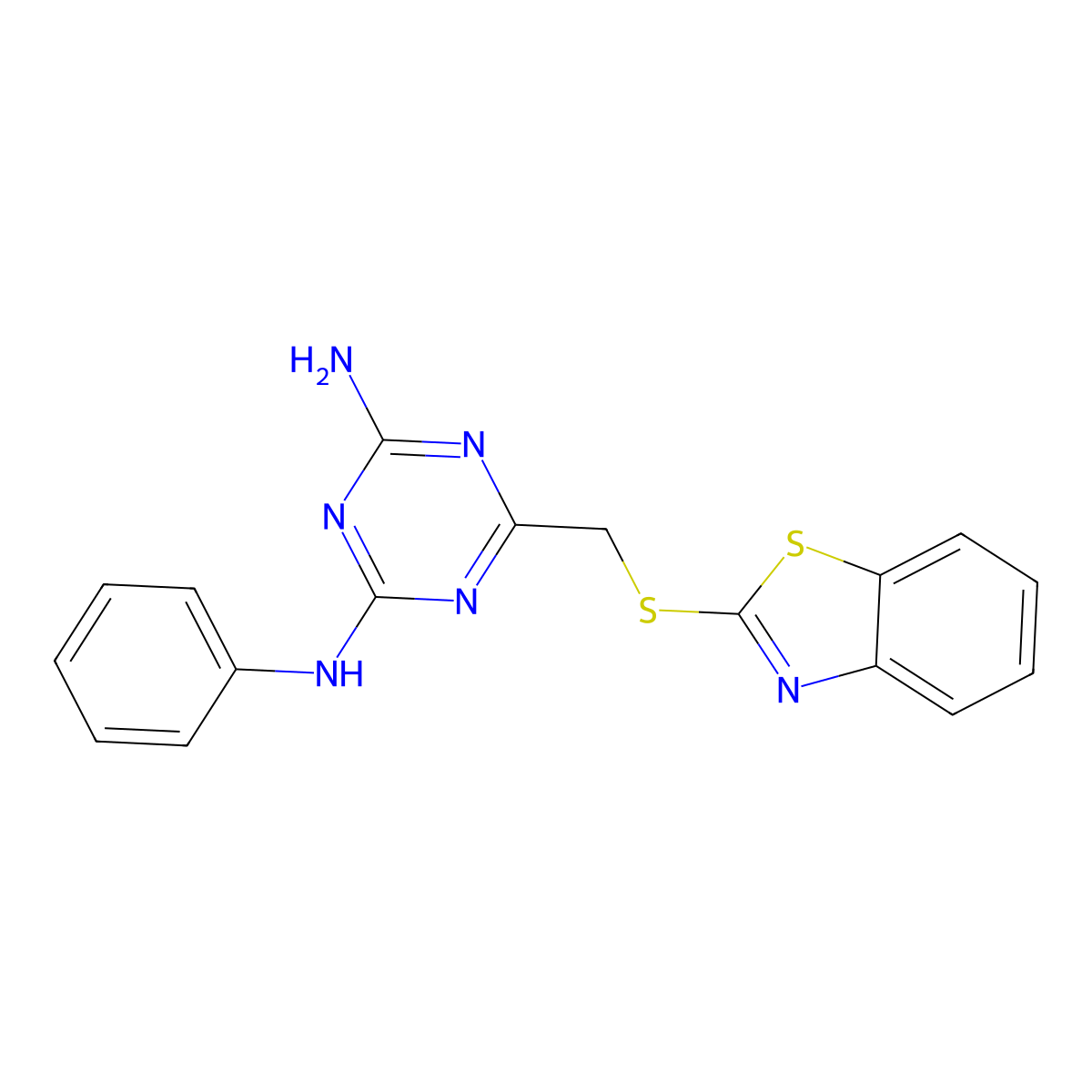 6-(Benzothiazol-2-ylsulfanylmethyl)-N-phenyl-[1,3,5]triazine-2,4-diamine molecular structure, CAS 296246-70-3