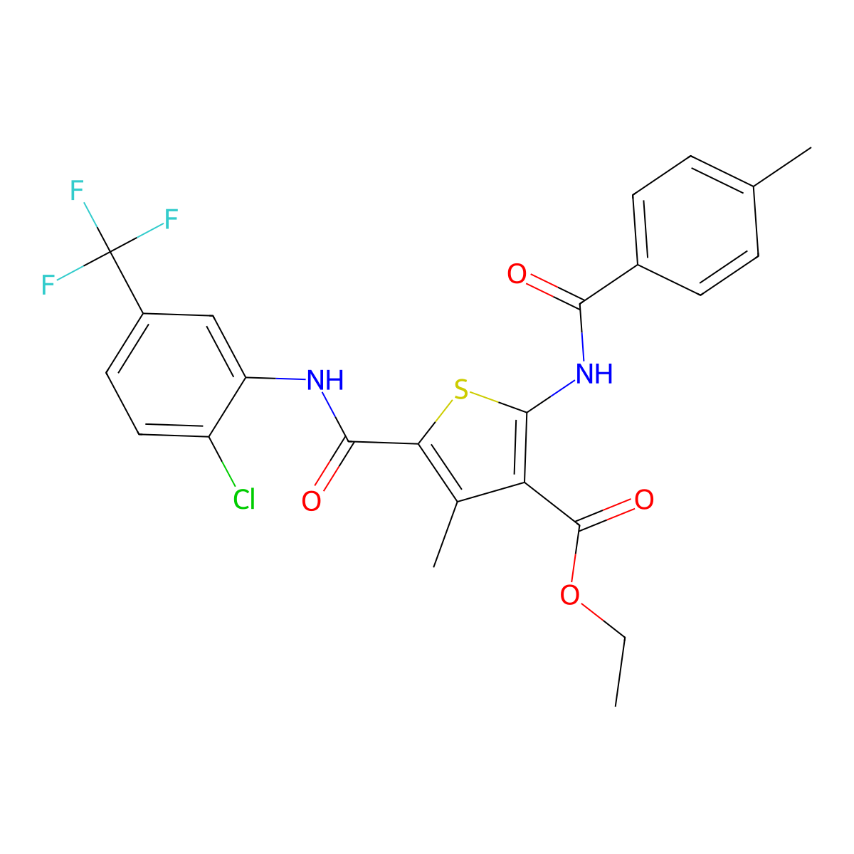Ethyl 5-[[2-chloro-5-(trifluoromethyl)phenyl]carbamoyl]-4-methyl-2-[(4-methylbenzoyl)amino]thiophene-3-carboxylate molecular structure, CAS 296247-13-7