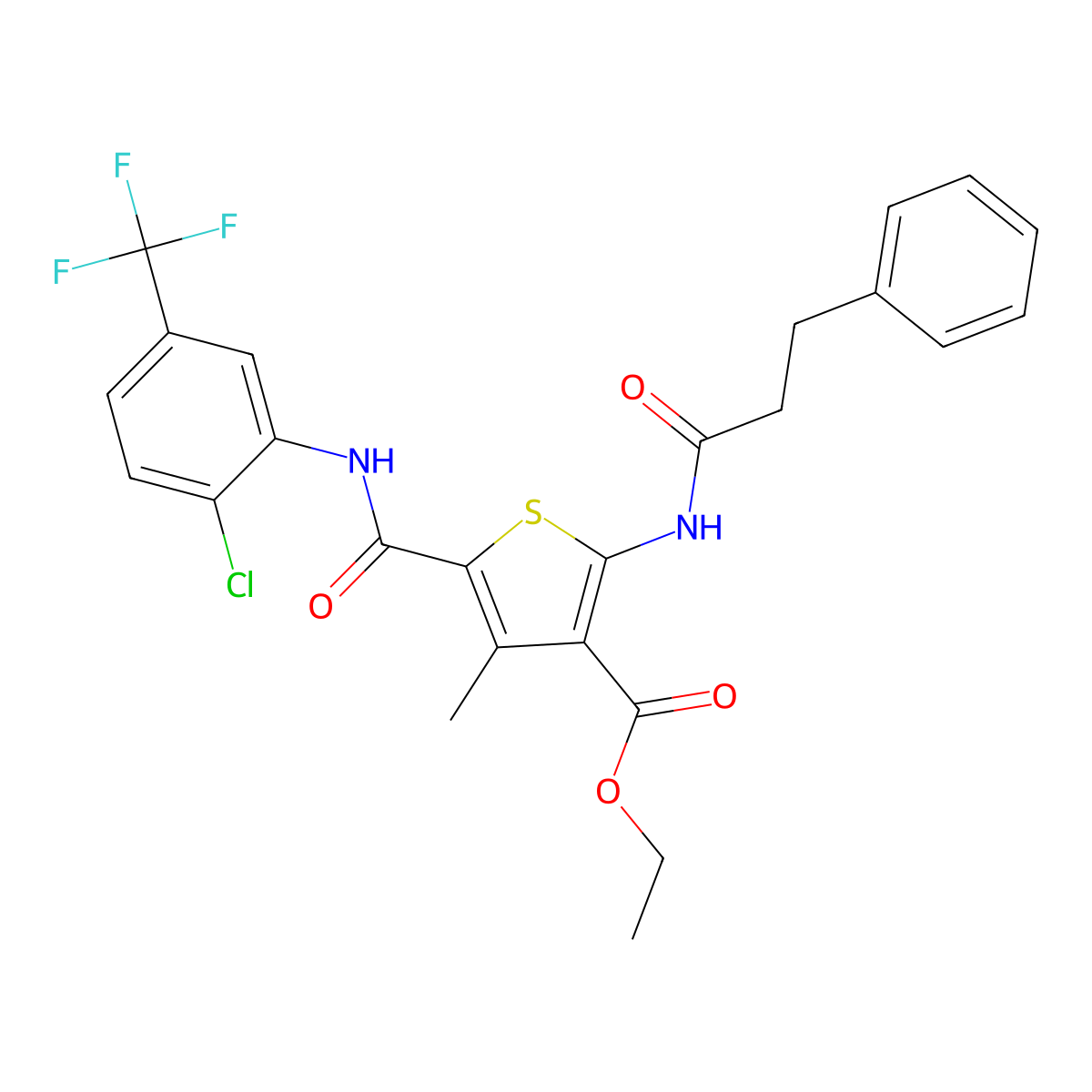 Ethyl 5-[[2-chloro-5-(trifluoromethyl)phenyl]carbamoyl]-4-methyl-2-(3-phenylpropanoylamino)thiophene-3-carboxylate molecular structure, CAS 296247-22-8