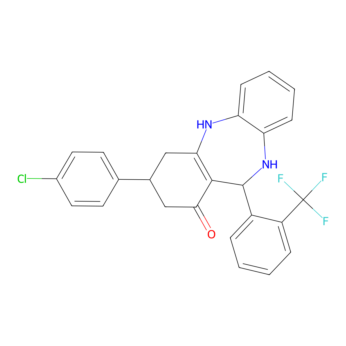 9-(4-Chlorophenyl)-6-[2-(trifluoromethyl)phenyl]-5,6,8,9,10,11-hexahydrobenzo[b][1,4]benzodiazepin-7-one molecular structure, CAS 296247-27-3
