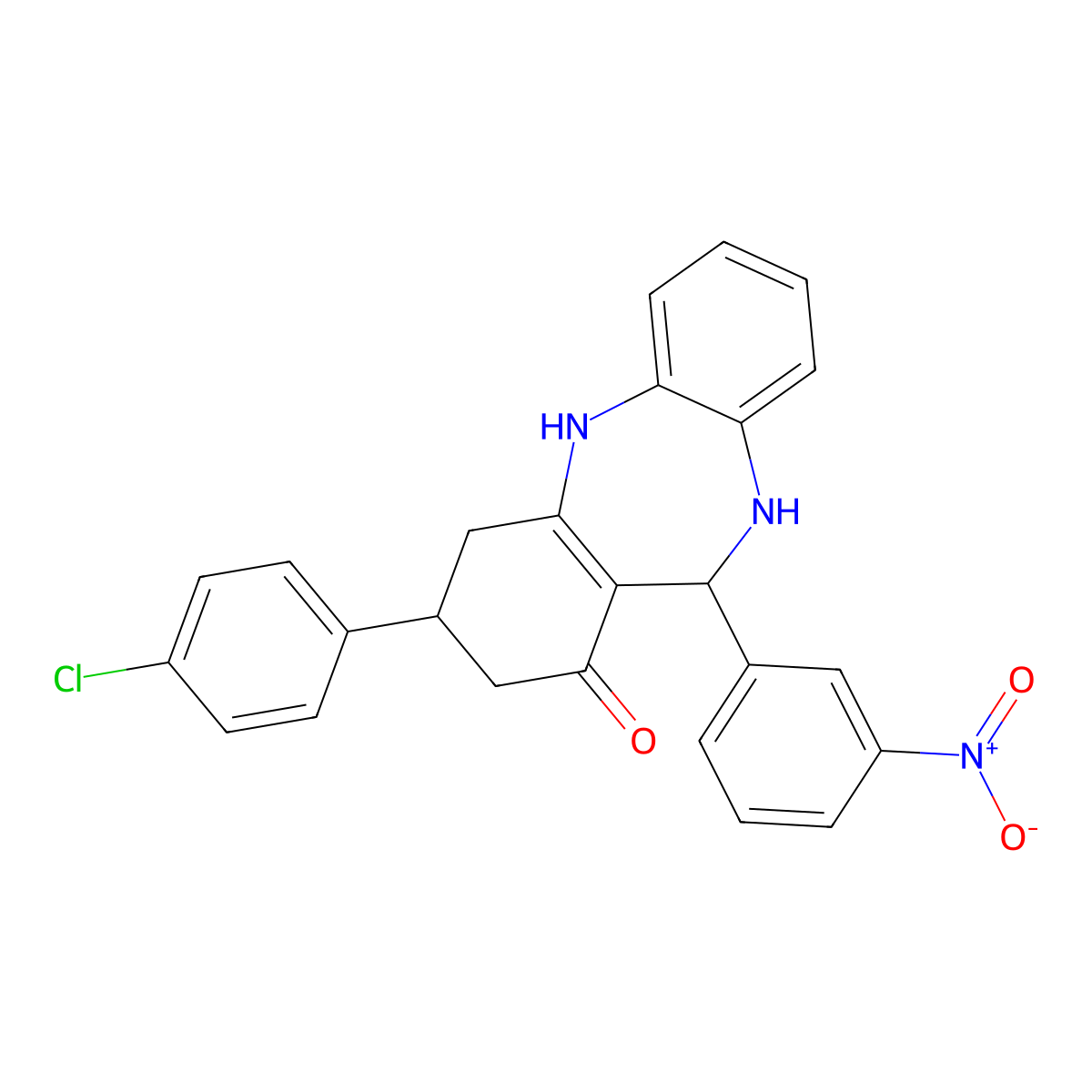 9-(4-Chlorophenyl)-6-(3-nitrophenyl)-5,6,8,9,10,11-hexahydrobenzo[b][1,4]benzodiazepin-7-one molecular structure, CAS 296247-31-9