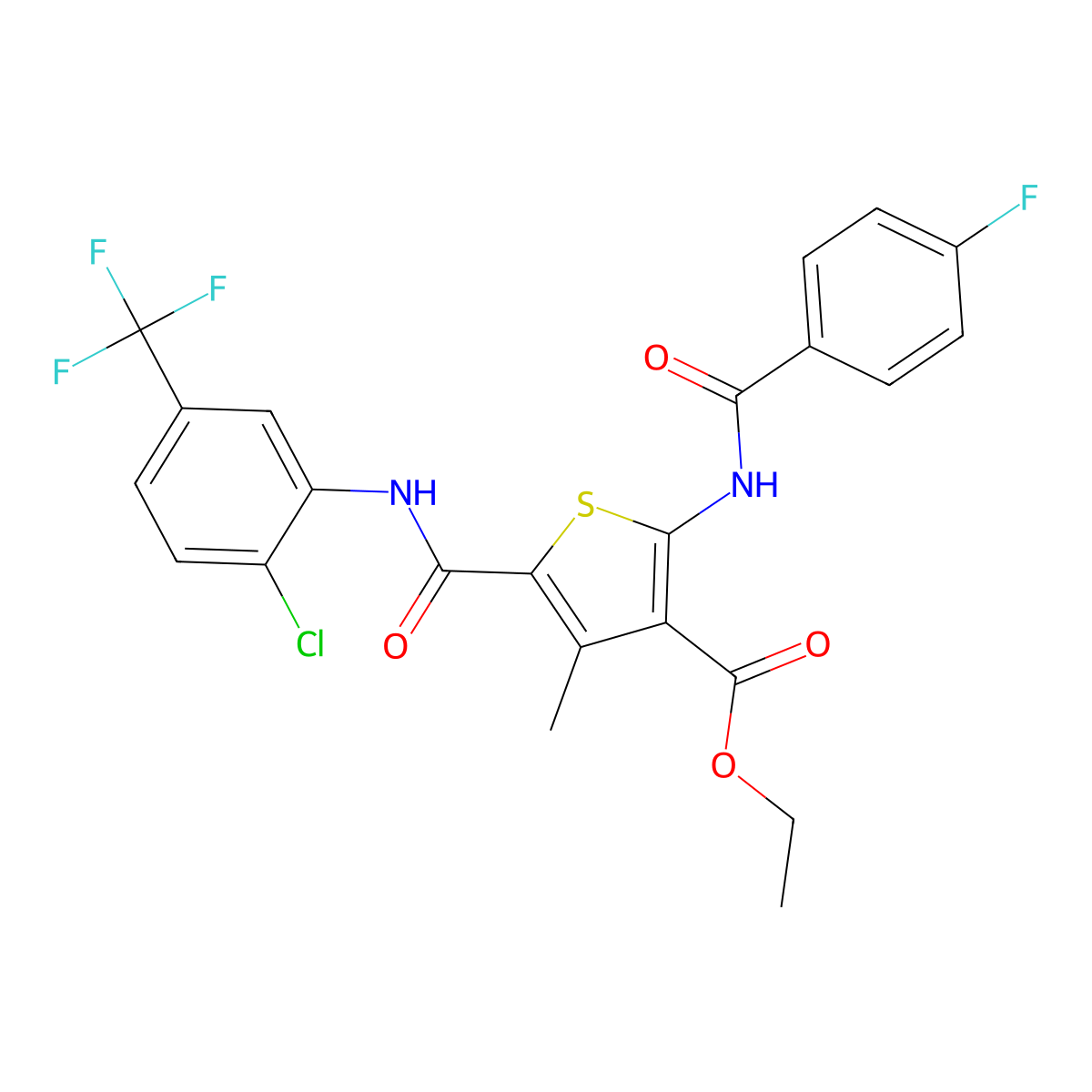 Ethyl 5-[[2-chloro-5-(trifluoromethyl)phenyl]carbamoyl]-2-[(4-fluorobenzoyl)amino]-4-methylthiophene-3-carboxylate molecular structure, CAS 296247-37-5