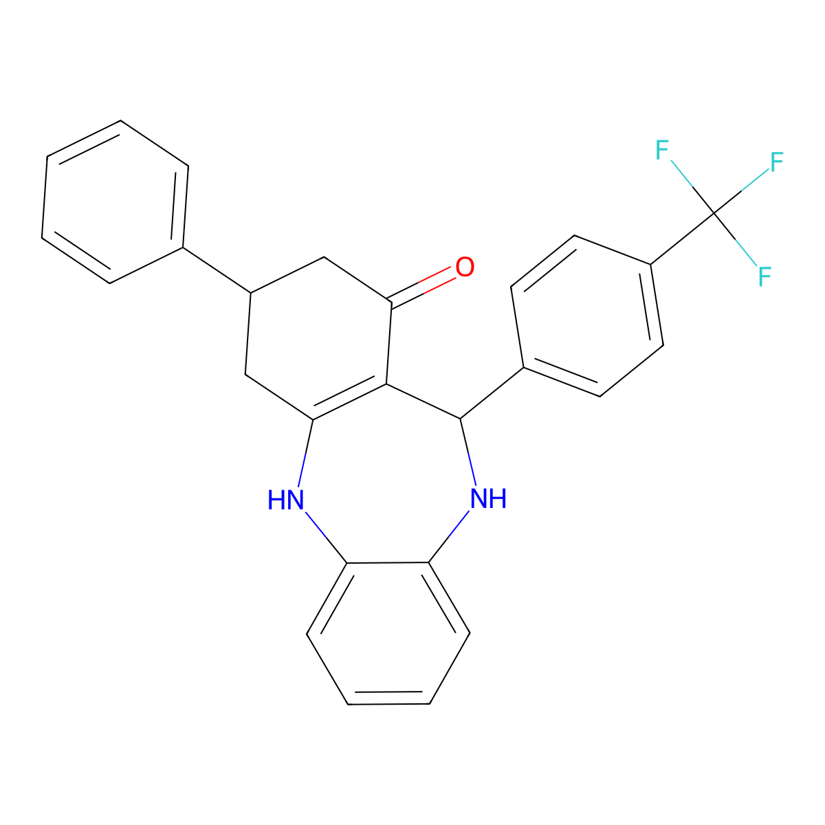 9-Phenyl-6-[4-(trifluoromethyl)phenyl]-5,6,8,9,10,11-hexahydrobenzo[b][1,4]benzodiazepin-7-one molecular structure, CAS 296247-39-7