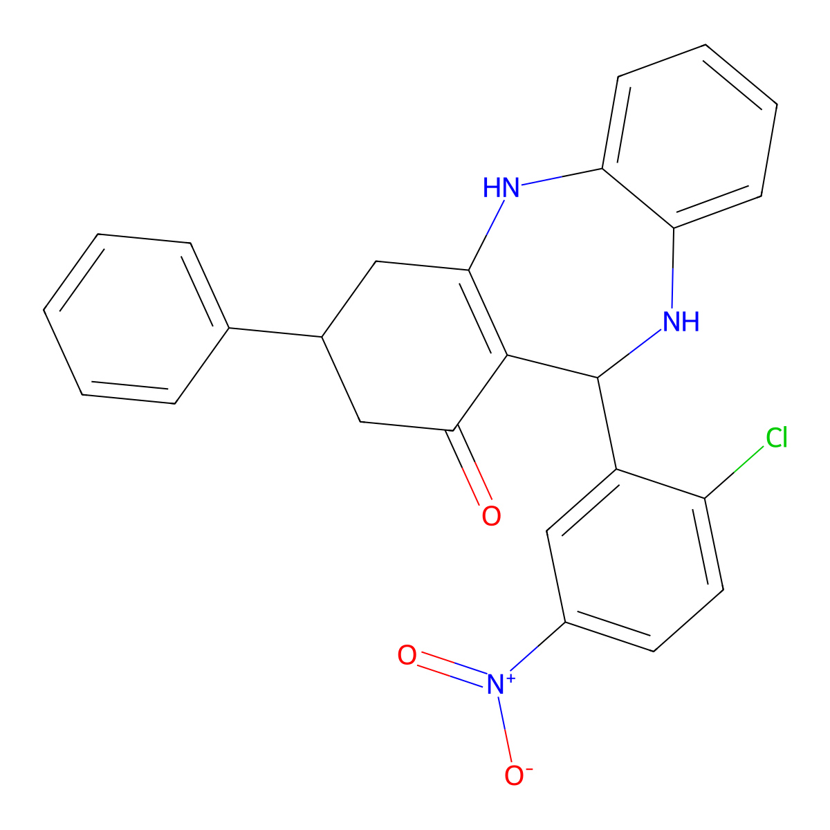 6-(2-Chloro-5-nitrophenyl)-9-phenyl-5,6,8,9,10,11-hexahydrobenzo[b][1,4]benzodiazepin-7-one molecular structure, CAS 296247-40-0