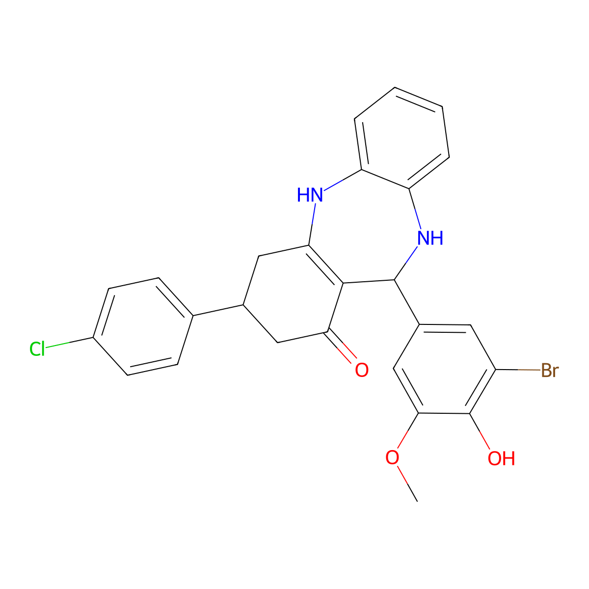 6-(3-Bromo-4-hydroxy-5-methoxyphenyl)-9-(4-chlorophenyl)-5,6,8,9,10,11-hexahydrobenzo[b][1,4]benzodiazepin-7-one molecular structure, CAS 296247-41-1