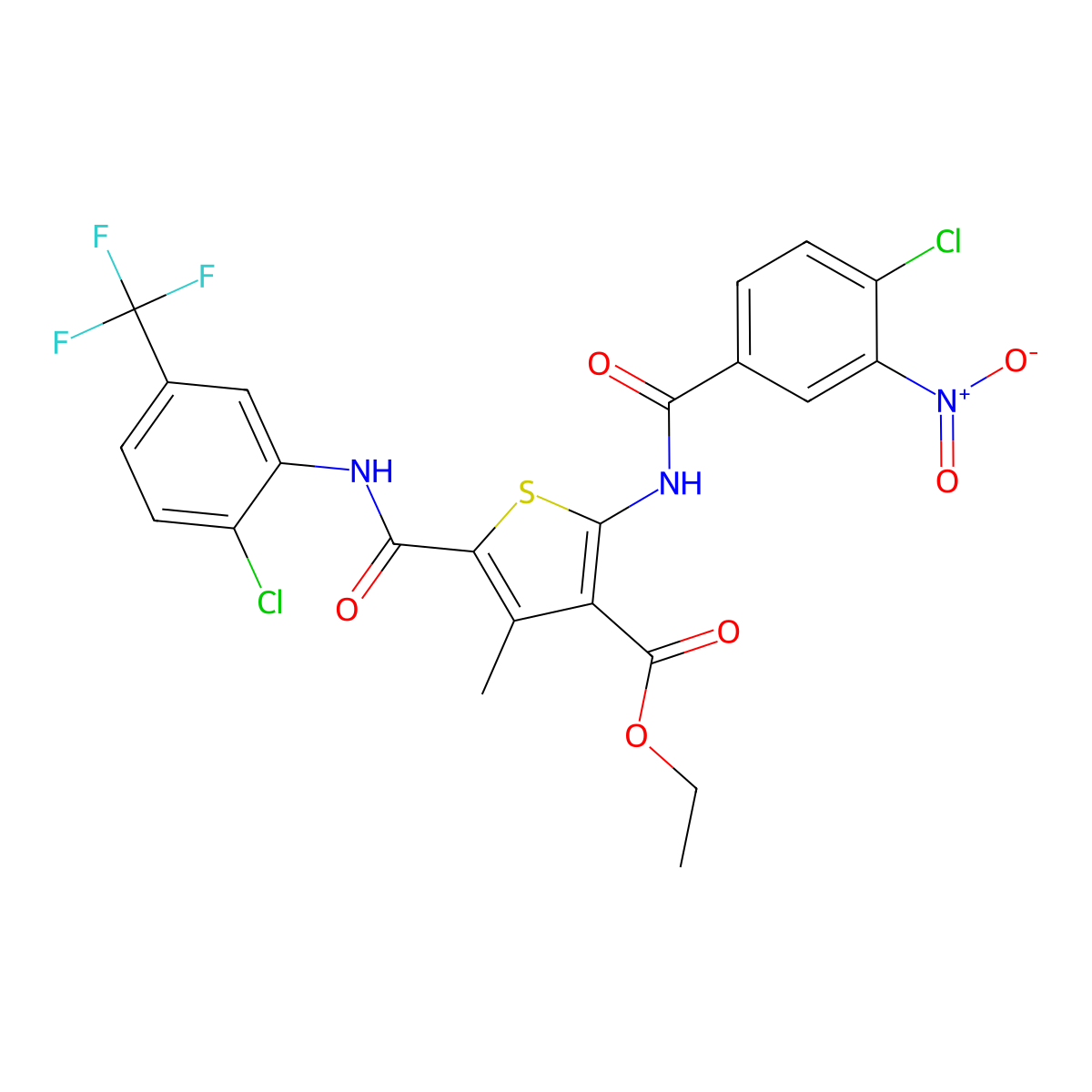 Ethyl 2-({4-chloro-3-nitrobenzoyl}amino)-5-{[2-chloro-5-(trifluoromethyl)anilino]carbonyl}-4-methyl-3-thiophenecarboxylate molecular structure, CAS 296247-42-2