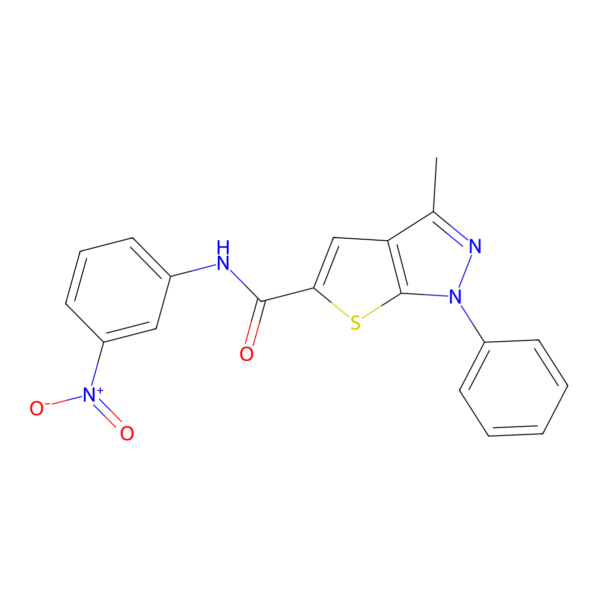 3-methyl-N-(3-nitrophenyl)-1-phenyl-1H-thieno[2,3-c]pyrazole-5-carboxamide molecular structure, CAS 296262-05-0