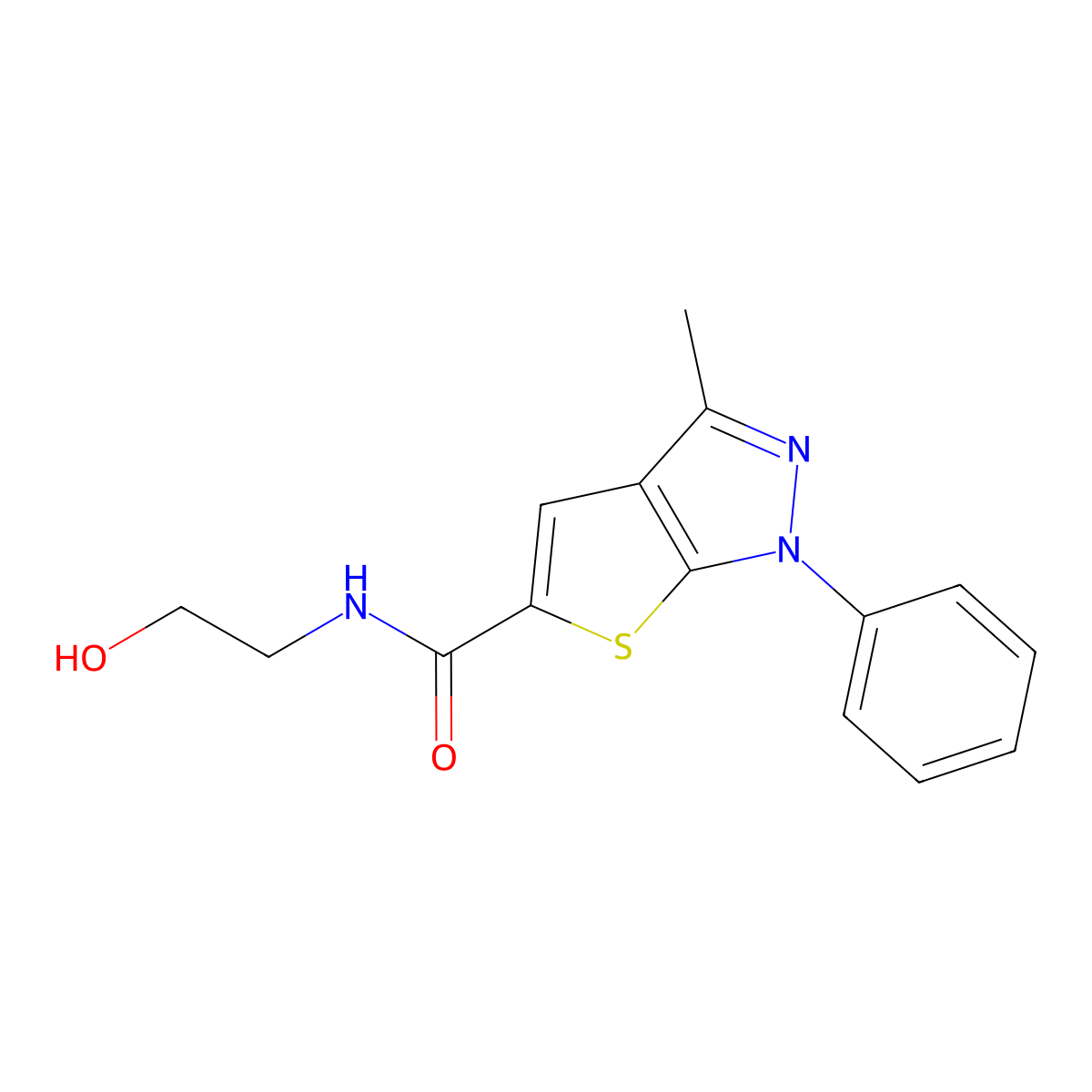 N-(2-hydroxyethyl)-3-methyl-1-phenyl-1H-thieno[2,3-c]pyrazole-5-carboxamide molecular structure, CAS 296262-10-7