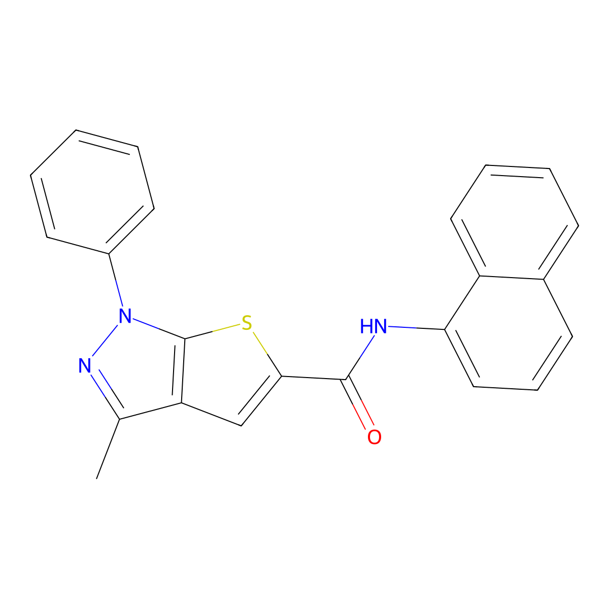 3-methyl-N-(naphthalen-1-yl)-1-phenyl-1H-thieno[2,3-c]pyrazole-5-carboxamide molecular structure, CAS 296262-11-8