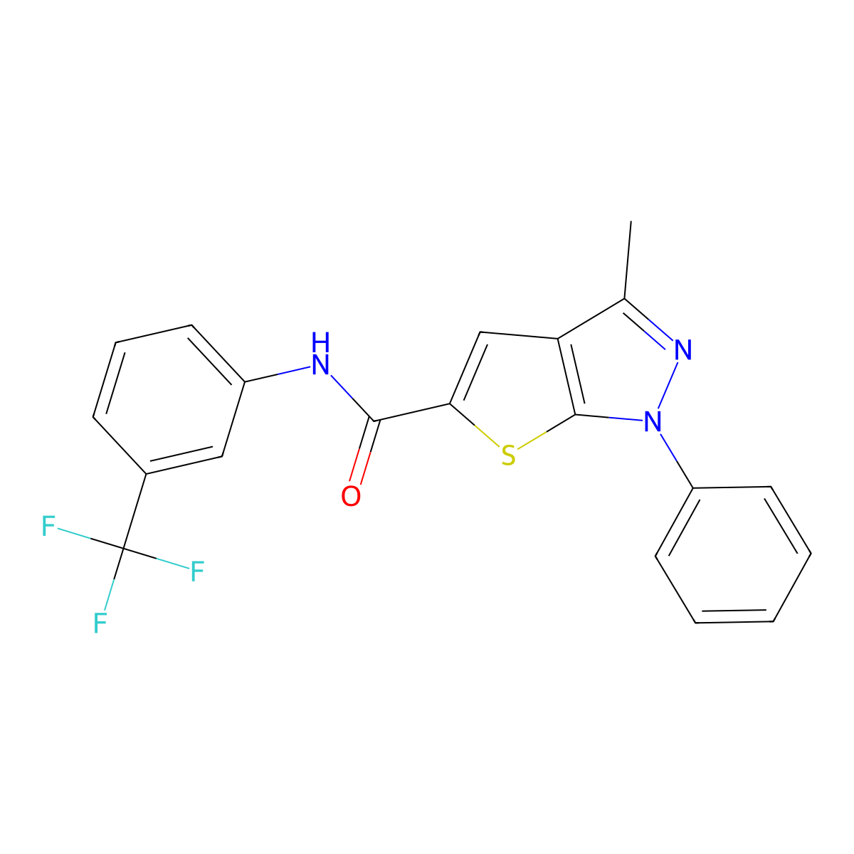 3-methyl-1-phenyl-N-[3-(trifluoromethyl)phenyl]-1H-thieno[2,3-c]pyrazole-5-carboxamide molecular structure, CAS 296262-12-9