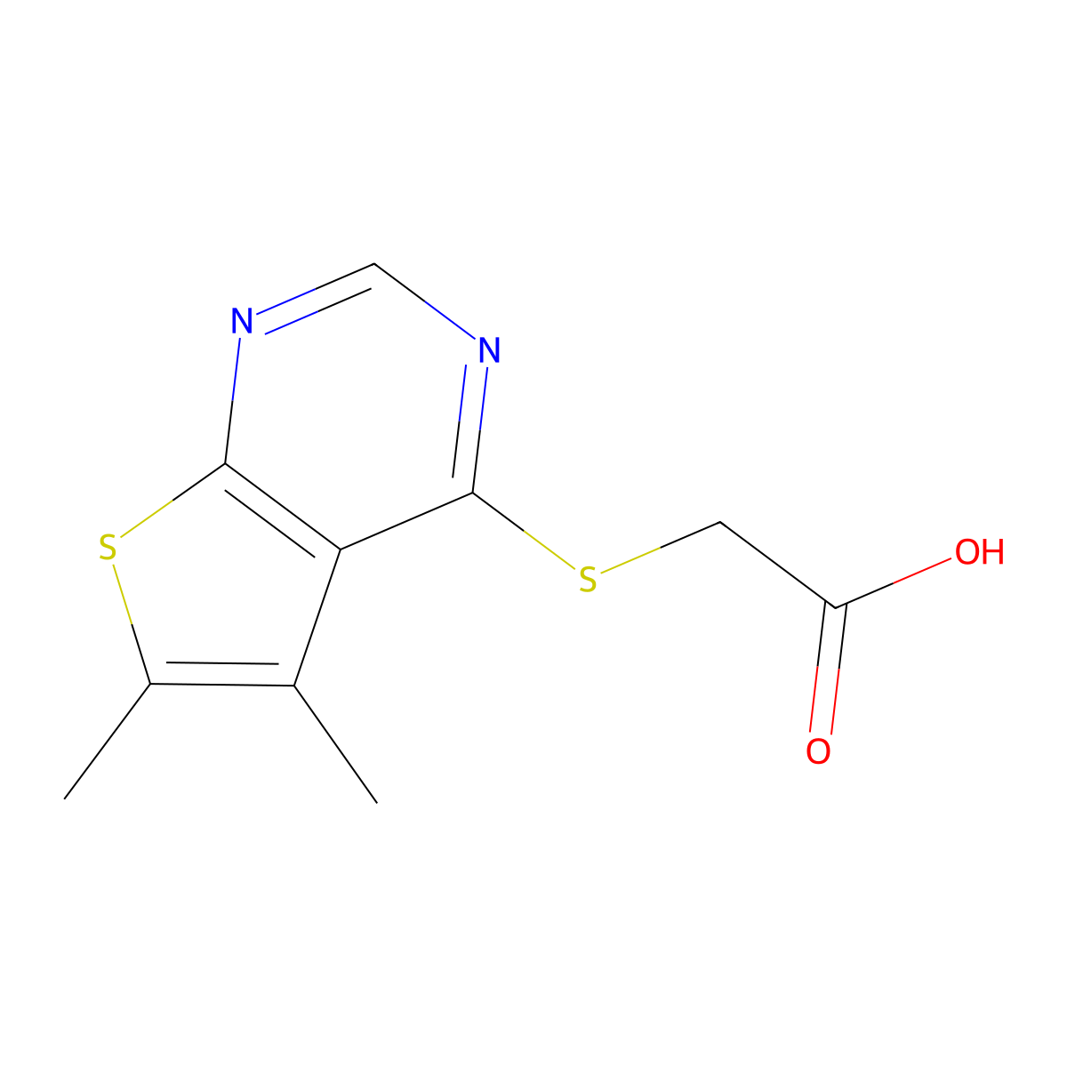 (5,6-Dimethyl-thieno[2,3-d]pyrimidin-4-ylsulfanyl)-acetic acid molecular structure, CAS 296262-16-3