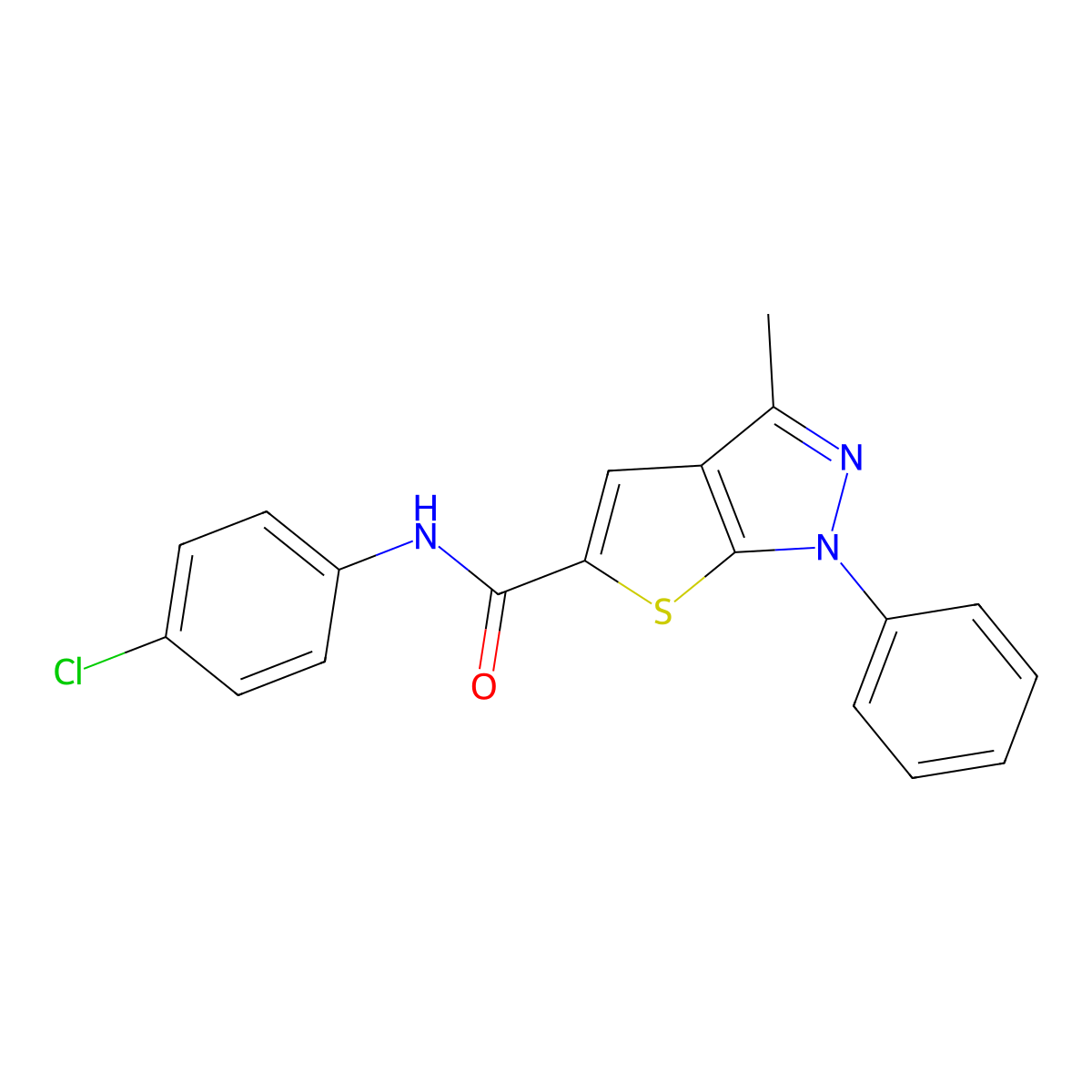 N-(4-chlorophenyl)-3-methyl-1-phenyl-1H-thieno[2,3-c]pyrazole-5-carboxamide molecular structure, CAS 296262-27-6
