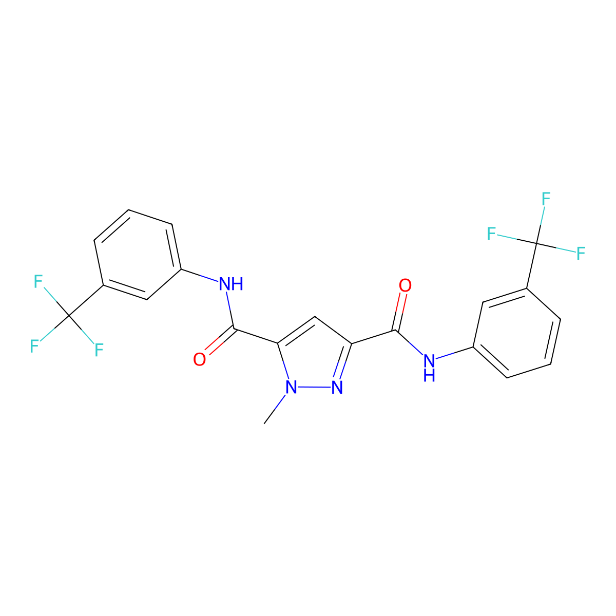 1-methyl-3-N,5-N-bis[3-(trifluoromethyl)phenyl]pyrazole-3,5-dicarboxamide molecular structure, CAS 296262-49-2