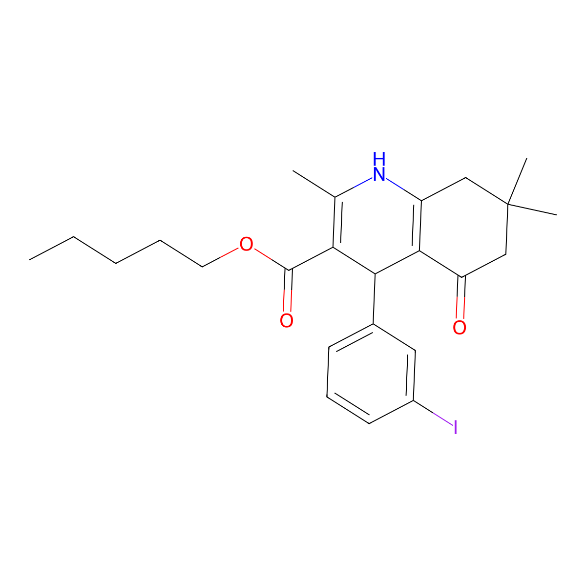 Pentyl 4-(3-iodophenyl)-2,7,7-trimethyl-5-oxo-1,4,5,6,7,8-hexahydroquinoline-3-carboxylate molecular structure, CAS 296262-93-6